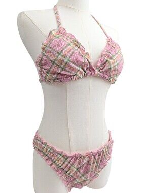 Pink X Frankie's Bikinis Pink Green Bikini Set Strawberry Plaid Ruffle Size M